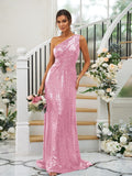 Sheath/Column Sequins Ruched One-Shoulder Sleeveless Sweep/Brush Train Bridesmaid Dresses TPP0004900