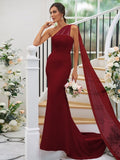 Sheath/Column Stretch Crepe Ruched One-Shoulder Sleeveless Sweep/Brush Train Bridesmaid Dresses TPP0004913