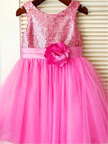 A-line/Princess Scoop Sleeveless Sequin Tea-Length Tulle Flower Girl Dresses TPP0007722