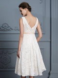 A-Line/Princess V-neck Sleeveless Knee-Length Lace Bowknot Wedding Dresses TPP0006531