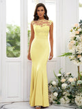 Trumpet/Mermaid Charmeuse Applique High Neck Sleeveless Floor-Length Bridesmaid Dresses TPP0004924