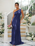 Sheath/Column Sequins Ruched One-Shoulder Sleeveless Sweep/Brush Train Bridesmaid Dresses TPP0004900