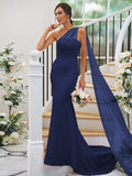 Sheath/Column Stretch Crepe Ruched One-Shoulder Sleeveless Sweep/Brush Train Bridesmaid Dresses TPP0004913