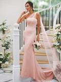 Sheath/Column Stretch Crepe Ruched One-Shoulder Sleeveless Sweep/Brush Train Bridesmaid Dresses TPP0004913