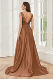 A-line V-neck Sleeveless Soft Satin Long Bridesmaid Dress