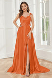 Spaghetti Straps Soft Satin Bridesmaid Dress with Train