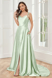 Spaghetti Straps Soft Satin Bridesmaid Dress with Train