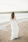 Elegant A Line See Through Long Sleeve Lace Appliques Ivory Beach Wedding Dresses