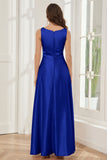 A-line Sleeveless Satin Long Bridesmaid Dresses with Pockets