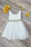 Scoop Bowknot Knee-length Ivory Organza Beads Sleeveless Flower Girl