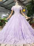 Unique Short Sleeve Lilac Ball Gown Appliques Beading Prom Dress Quinceanera Dress