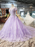 Unique Short Sleeve Lilac Ball Gown Appliques Beading Prom Dress Quinceanera Dress