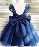 Navy Blue Cap Sleeves With Bowkont Lace Appliques Flower Girl Dresses