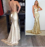 Backless Sequin Mermaid Gold Long Custom Criss Cross Sleeveless Prom Dresses