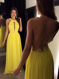 Yellow Elegant Long Beaded Chiffon Pageant Backless Prom