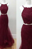 Hot-Selling Two-Piece Mermaid Halter Sleeveless Burgundy Long Prom Dress with Beading