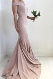 Blush Pale Pink Sexy Off the Shoulder Mermaid Charming Satin Sweep Train Prom Dresses