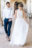 Simple Jewel Chiffon Lace Top Wedding Dress Lace Tulle Beach Wedding Dress with belt