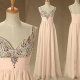 Pale Pink Unique A Line with Spaghetti Straps Open Back Backless Chiffon Prom Dresses