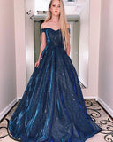 A Line Blue Sweetheart Formal Evening Dresses Long Off Shoulder Prom Dresses