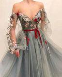 Off The Shoulder Long Sleeves A Line Tulle Long Prom Dresses With Flowers