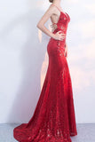 V-Neck Red Mermaid Spaghetti Straps Sparkly Backless Sleeveless Sequins Evening Dresses