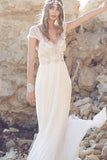 Vintage V Neck Backless Boho Beach Wedding Dresses with Cap Sleeves