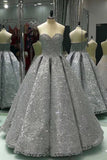 Sweetheart Gray Sleeveless Long Sequins Strapless Ball Gown Shiny Winter Prom Dresses