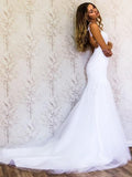 White Lace Mermaid Sweetheart Tulle Spaghetti Straps Backless Affordable Wedding Dresses