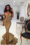 Spaghetti Straps Red Sequin Long Mermaid Front Slit Sparkle Long Prom Dresses