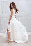 White Long A-Line Chiffon Deep V-Neck Sleeveless Side Split V-Back Wedding Dresses