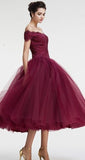 Vintage Princess Off the Shoulder Tea Length Ball Gown Scoop Burgundy Homecoming Dress