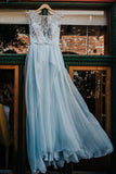 2024 Elegant Light Blue Beads Round Neck Chiffon A-Line Cap Sleeve Prom Dresses