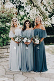 A Line Long Chiffon Off the Shoulder Slate Gray Mismatched Bridesmaid Dresses