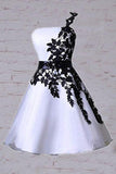 A Line One Shoulder White Homecoming Dress with Black Lace Knee Length Party Dress