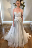 A Line Sweetheart Strapless Backless Silver Grey Tulle Wedding Dresses with Sweep Train