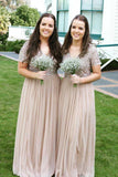 A Line Long Cheap Chiffon V Neck Beads Sparkly Short Sleeve Bridesmaid Dresses