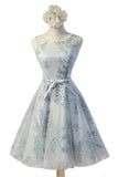 Vintage Sleeveless Round Neck Keyhole Lace up Back Bow Sash Printing Tulle Homecoming Dress