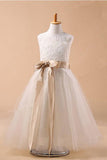 Ball Gown Jewel Sleeveless Bowknot Long Tulle Flower Girl Dresses With Sash