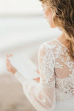 Elegant A Line See Through Long Sleeve Lace Appliques Ivory Beach Wedding Dresses